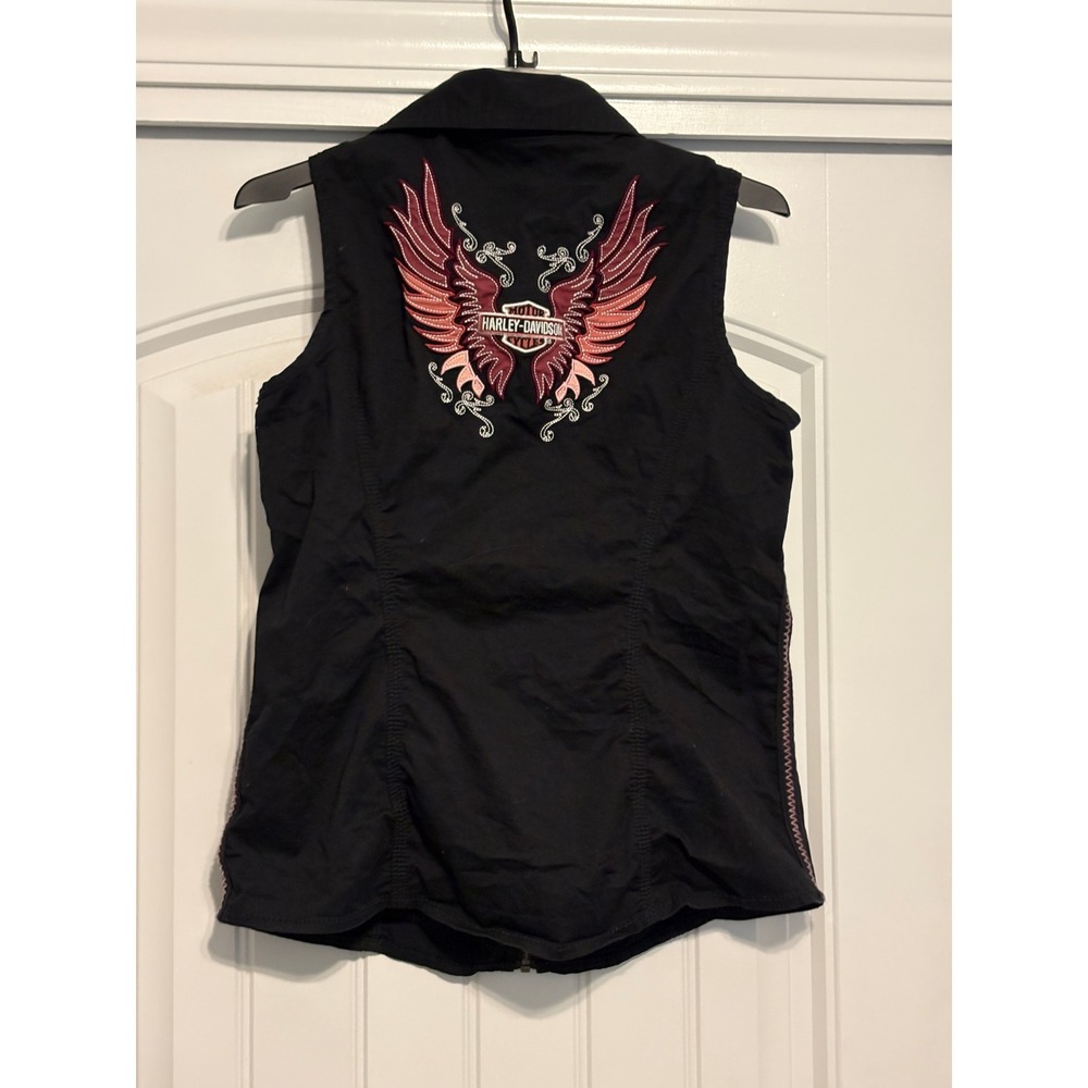 Harley-Davidson Womens Small Black Embroidered Wing Logo Zip Sleeveless Top - Picture 4 of 9